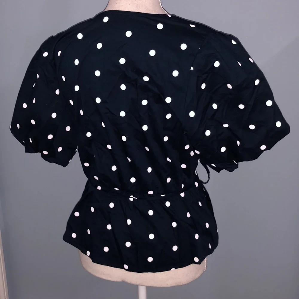 Old Navy Navy Blue Polka Dot Puff Sleeve Wrap Top